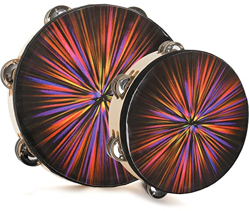 ZEAYEA 2 Pack Radiant Tambourine, 8 Inch 10 Inch Double Row Jingle Tambourine for Church, Hand Held Drums Percussion, Musical Drum Instrument for Party
