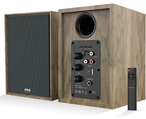 PyleUsa Powered Bookshelf Speaker Monitors HiFi Studio Monitor Computer Desk Stereo Speaker System Opt/Coax/RCA/USB/AUX Out Connection, VOL/TREB/BASS Control Studio Sound, Wood - PBKSRB40