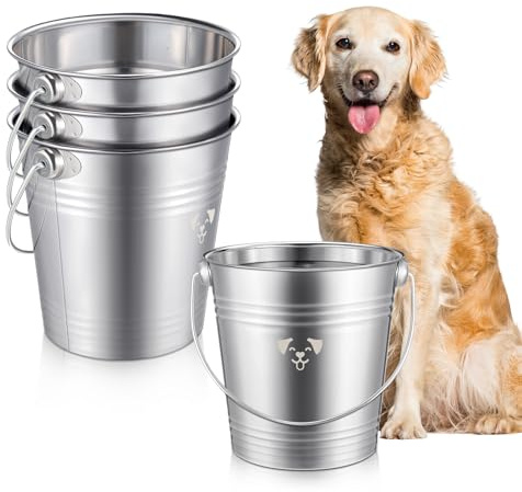 Hicarer 4 Pcs 2 Quart Stainless Steel Dog Water Bucket, Heavy Duty Stainless Steel Bucket Water Pails for Dogs Pets, Kennels Farms Fences, Silver