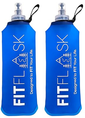 FitFlask 2 Pack Soft Water Bottle, TPU Collapsible Flask Foldable Bottles for Hydration Pack, BPA-Free, for Running Hiking Cycling Climbing (500 ml/ 17 oz)