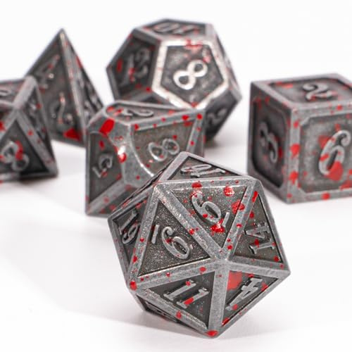 HNCCESG Ensemble de dés polyédriques en métal DND, 7 dés en métal solide pour jeux de plateau (Argent Sang)