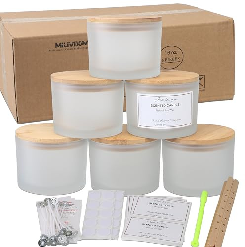 MILIVIXAY Paquete de 6 tarros de vela de 16 onzas con tapas de bambú y kits de fabricación de velas, tarro de vela de 3 mechas, tarros de vidrio grueso blanco esmerilado vacíos a granel para hacer