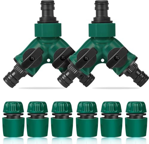 2 Wege Verteiler Wasser, 2 Stück 3/4 Zoll 2 Wege Verteiler Wasser mit Ventil, 6 Stück Schlauchverbinder 1/2 Zoll, Geeignet für Landschaftsbau, Gartenbau, Blumenanbau, Bewässerung