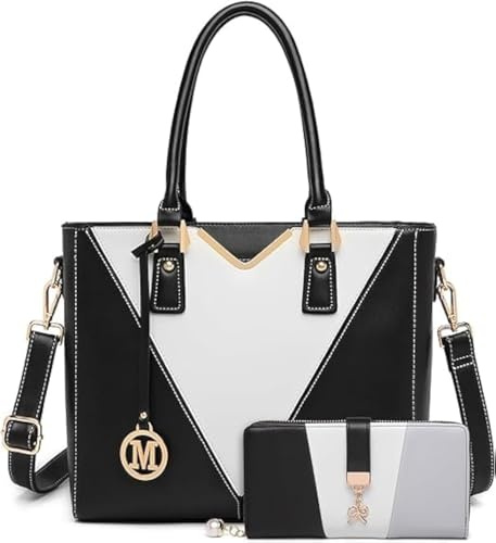 Miss Lulu Sac 2 Pièces -Medium Sac à Main et Portefeuille Multicolore Femme Sac a Bandoulière avec porte-monnaie en Simili Cuir Mode, Blocage des Couleurs(