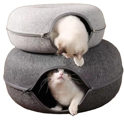 Cozy Donut Cat Bed - Interactive Cave House with Flexible Tunnel Design, Removable Cover for Indoor Cats, Felt Material (Light Gray, Diameter: 50 cm)