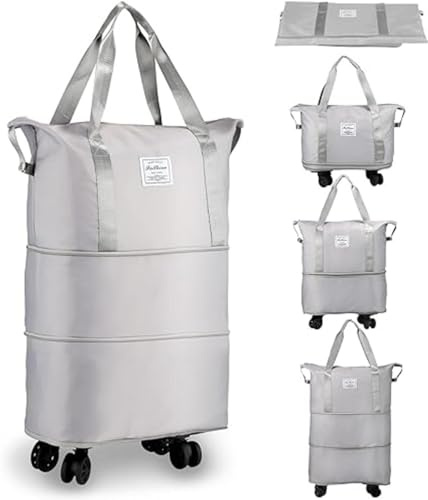 Bolsa de lona con ruedas, bolsa de lona plegable expandible con ruedas y asa para viajes, bolsa de viaje de fin de semana con ruedas desmontables para mujeres y hombres, gris, Refer to ,