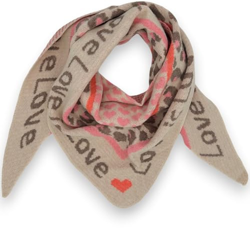 Ziona Sciarpa invernale da donna, a triangolo, morbida, XXL, 180 x 70 cm, con stampa a cuore, Beige-Rosa (Love), xxl