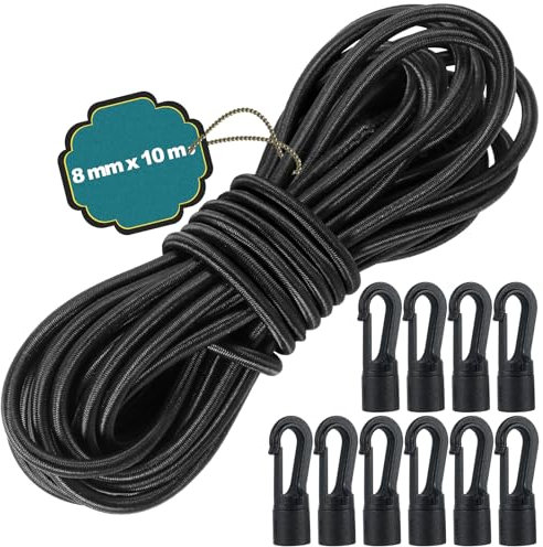 TAIXING 10M Elastic Cord, 8 mm Elastic Bungee Cord, Black Thick Shock Cord Heavy Duty Bungee Cords with Hooks for Caravan, Camping, Cargo, Tarpaulin, Kayak and Backpack, with 10 Plastic Hooks