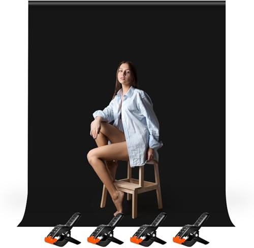 Heysily Sfondo Fotografico Telo Nero 1,5x2m - Fondale Fotografico Lavabile per Studio Fotografia, Streaming, YouTube e Produzione Video, Sfondo Portatile e Pieghevole con 4 Terminali