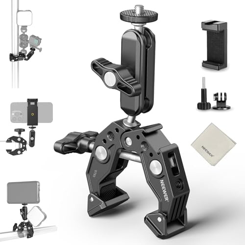 NEEWER Super Clamp Magic Arm Kamerahalterung mit Handyhalterung Action Kamera Adapter Kugelköpfe 1/4 Gewinde Cold Shoe Reinigungstuch Kompatibel mit SmallRig GoPro für Tischstativ Gimbal Stange, ST83
