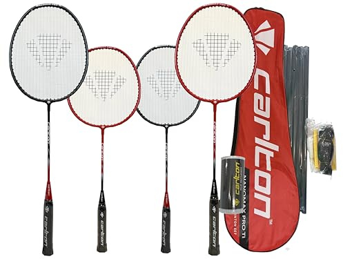 Carlton Nanomax Pro Ti Badminton Set, Family 4 Player Set with 2 Adult Rackets, 2 Junior Rackets, Carry Cover, Shuttles, Net & Posts for instant play.