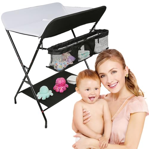 Homewell - Mesa de cambio plegable con ruedas, plegable, con estantes de almacenamiento, para recién nacidos, 0-12 meses (negro + blanco)
