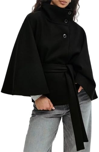Generisk damponcho med fladdermusärmar, cabanjacka, överdimensionerad trenchcoat med bälte och ståkrage, Autunnoinverno Scialle Capispalla, svart, M