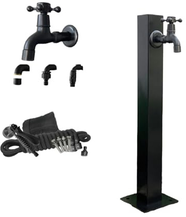 Fontaine de jardin en acier inoxydable avec robinet, fontaine, sur pied, entrée de sol/latérale, design moderne noir, idéale pour l'aménagement paysager et les terrasses