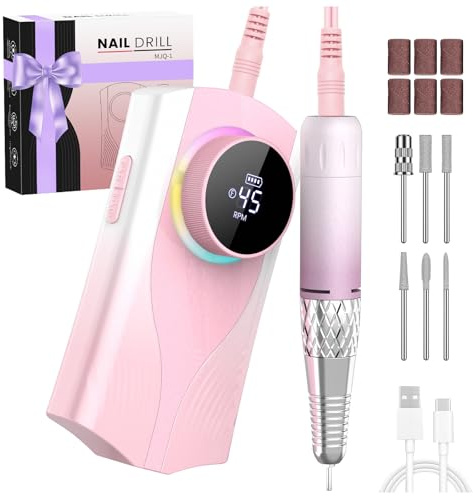 Nail Filer Electric Nail Drill Professional, Kisufu 45000 RPM Rechargeable Efile Nail Drill Kit with Smart Led, 1800mAh, Portable Nail Grinder for Salon Home Use, Women's Day Gifts (Pink).