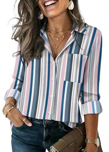HOTOUCH Button Up Blouses for Women Long Sleeve Shirts Striped Dressy Casual Fashion Tops Business Work Outfit L
