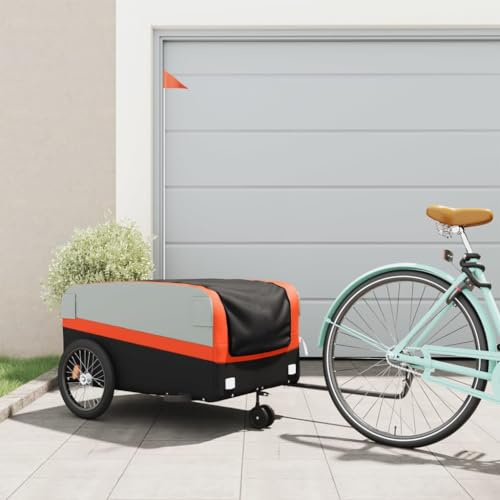 QUAHEAS Rimorchio per bicicletta nero arancione in ferro, portata 45 kg, 126 x 63 x 51 cm, con timone, bandiera di sicurezza, ideale per trasporto di carichi, bagagli, shopping, outdoor, viaggi