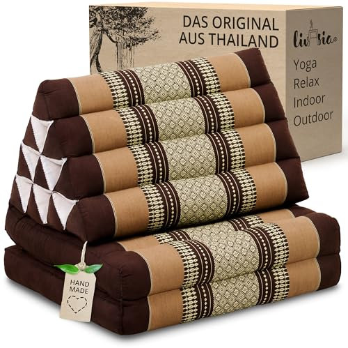 livasia Thai cushion with 2 seat rests - 47x20x3.1″ - Triangle cushion with seat cushion, Wedge cushion, kapok, Back support cushion, folding, Thai mat, folding, Hand made (Brown)