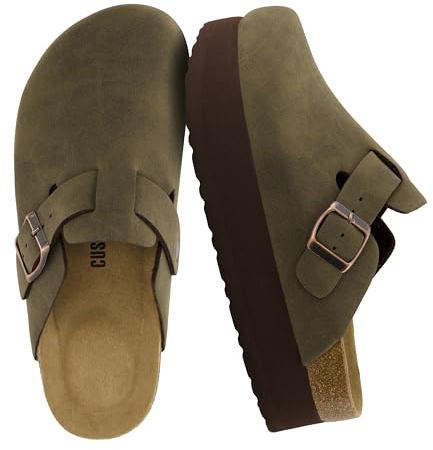 CUSHIONAIRE Loom Platform Clogs for Women, Stylish Vegan Suede Closed Toe Womens Clogs with Adjustable Buckle and Memory Foam Cork Footbed, OLIVE 8