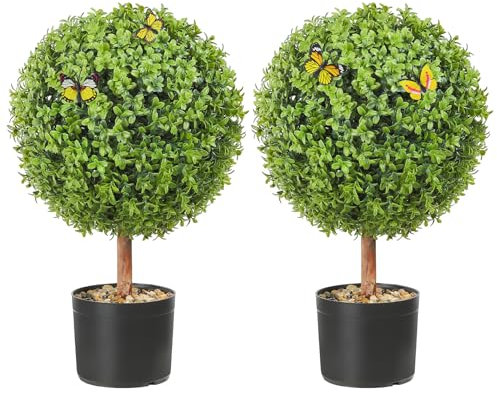VEVOR 2x Buchsbaumkugel Künstlich 559mm Garten Deko Buchsbaum im Blumentopf Kugel künstlich Buchskugel Kunstpflanze aus PE, Holz, PP inkl. 4 Stk. Dekorative Schmetterlinge und 10 Stk. Ersatzblätter