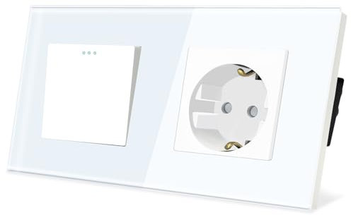 TAWOIA Lichtschalter mit Steckdose 1 Fach 1 Weg Glas Platte Unterputz Taste Schalter mit Schuko Steckdose 16 Amp 86 * 157mm Weiß Wechselschalter