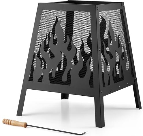 VonHaus Fire Pit – Firepit for Outdoor, Garden, Patio – Portable & Lightweight with Flame Design, Black Steel, Fire Poker & Mesh Guard Included – Use Wood or Charcoal to Fuel