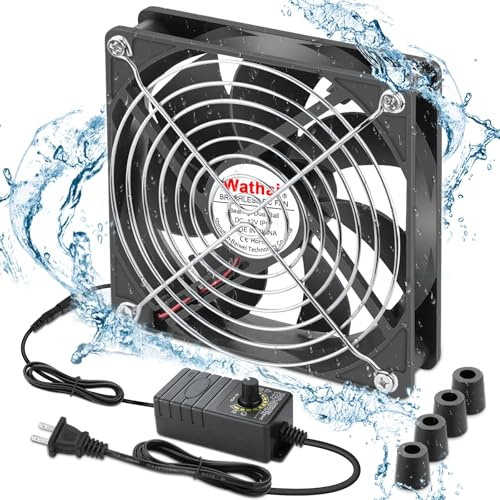 Wathai 120mm x 25mm Waterproof Small Box Fan IP67 12V Computer Fan with AC Plug Speed Controller 110v 120v 220v 240v for Biltong Box, Grow Tent, Terrarium, Aquarium, Greenhouse Cooling