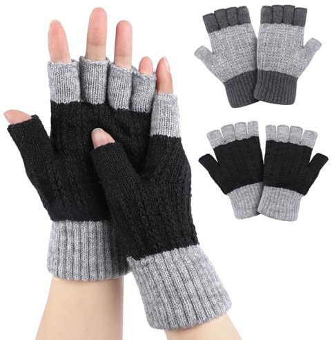 Kiiwah 2 Paar Winter Handschuhe Herren und Damen mit Fleecefutter, Farbabstimmung Halbfingerhandschuhe Strick Fingerlose Handschuhe für Arbeit, Sport, Winterliche Outdoor Aktivitäten