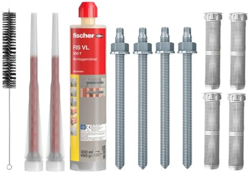 Schwerlastbefestigung SET M10x130mm VERZINKTER STAHL 5.8 FISCHER Montagemörtel VL300 T + 4 Gewindestangen + 4 Siebhülsen 16x85mm + Zylinderbürste/Klebeanker Ankerstangen