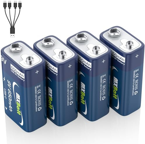 MXBatt Pila 9V Recargable Litio Gran Capacidad de 650mah con línea de Carga C USB 4 en 1, 4 Packs Pilas 9V Recargables 800 Ciclos para Detectores de Humo, Linternas, Guitarras, Juguetes Electrónicos