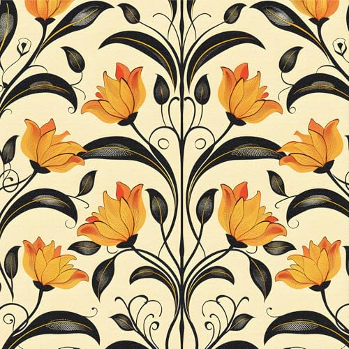 ICYEHAO Papel Pintado Naranja y Beige, 44 x 600 cm Papel Pintado Naranja Flores Negro Hojas Plantas Barroco Vinilo Adhesivo para Muebles,Armarios,Libreria,Sala de Estar, Dormitorio,Baño,Cocina