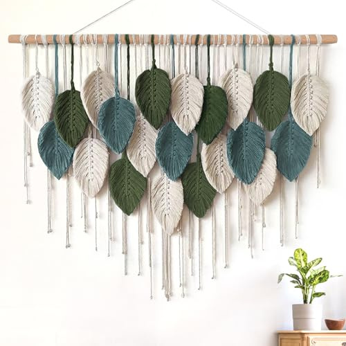 KHOYIME Macrame Wall Hanging Large Boho Home Decor, Bohemian Leaves Tapestry Modern Handmade Yarn Woven Feather Leaf Chic Wall Art Decorations for Bedroom Living Room Nursery Backdrop 39 W X 29.5 L