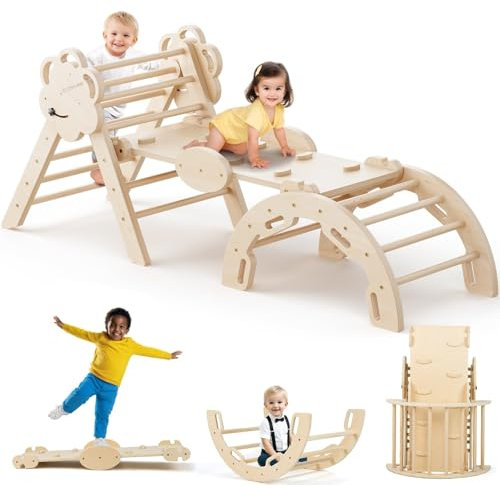 COSYLAND 3-in-1 Indoor Climbing Frame for Toddlers - Foldable Wooden Indoor Climbing Set with Ramp slide and Arch, Kids Wooden Gym for toddler age 1-3, Indoor Climbers Natural