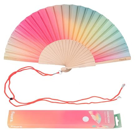 Fisura – Abanico original con estampado degradado rosa y verde. Abanico de madera moderno y colorido. Ventilador de mano original. Colgador incluido. Medidas: 42,5 x 23 cm