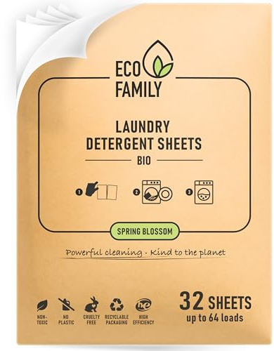 Eco Family Laundry Detergent Sheets Bio | 32 Sheets (Up to 64 Washes) | Spring Blossom | Concentrated Eco-Friendly | Natural Enzymes, Plastic-Free, Non-Toxic, Vegan | Removes Tough Stains | HE Safe