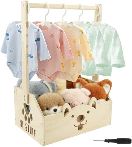 Panier en bois pour bébé avec poignée et 5 cintres pour enfants - Armoire de rangement polyvalente pour bébé - Panier de rangement pour nouveau-né - Pour anniversaire, fête prénatale, Noël, nouveaux