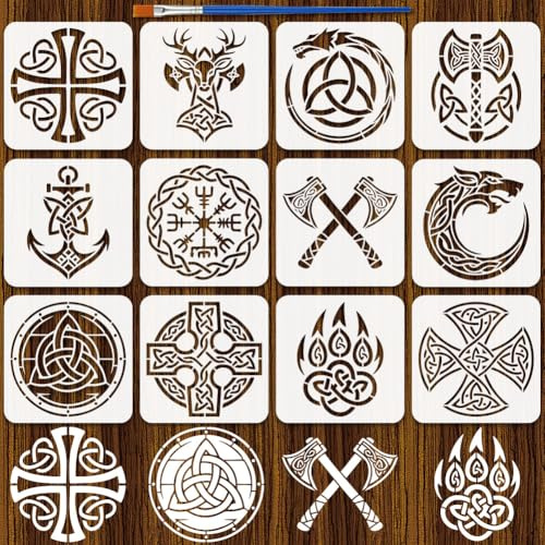 FINGERINSPIRE 12 vikingska mallar för att måla, 20 x 20 cm, ritmall med vikingmotiv, keltiskt knutmönster, vapen, ritmall med pensel för att måla på trä, tyg, konst