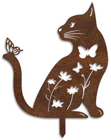 Decorazioni Giardino per Esterno Gatto Metallo (30x33) - Animali Metallo - Animali da Giardino - Picchetti Decorativi da Esterno da Piantare nel Terreno