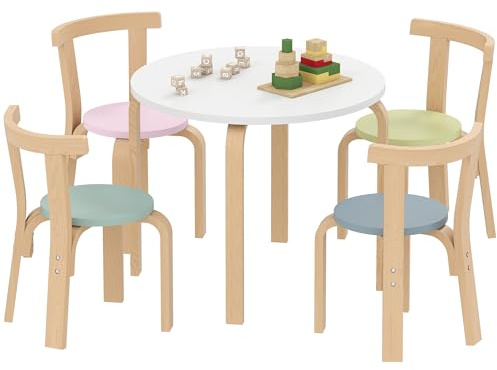 AIYAPLAY Kindertisch Holz mit 4 Stühlen 5-teilig Kinder Tisch Stuhl Set Kindersitzgruppe Sitzgruppe für Kinderzimmer, für 3-8 Jahre Kinder, Bunt