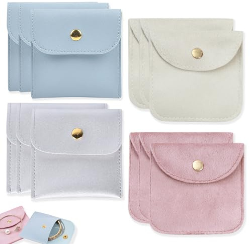 PYSEOSISE Bolsitas de Joyería con Botón Presión, 12 Piezas Bolsas de Almacenamiento de Joyería, 8 x 8 cm Cuero y Terciopelo Pequeñas Bolsitas para Anillos Pulseras Collares Pendientes