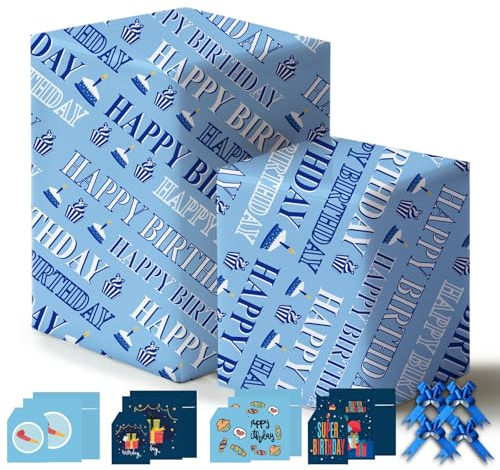 Blue Happy Birthday Wrapping Paper 43% Bigger 85 * 60cm,4 Sheets,4 Bows,4 Cards,4 Envelopes,4 Tags,Gift Wrap Pack for Men,Dad,Husband,Brother,Son,Boys