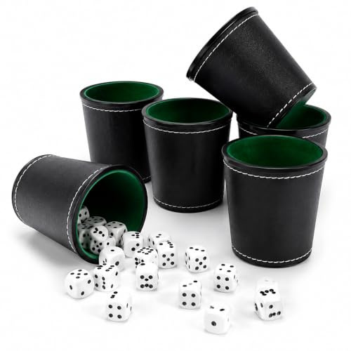 CLIUNT 6 Piezas Juego de Tazas de Dados de Cuero con 36 Dados, Vasos de Dados de Piel, Cubilete Dados Poker, Forro de Terciopelo, para Juegos de Mesa, Juegos de Fiesta y Reuniones Familiares (Negro)