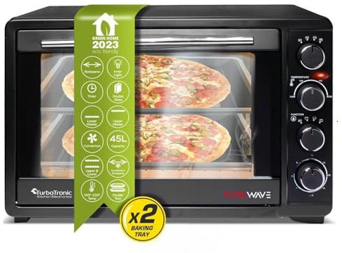 TurboTronic Forno Elettrico Compatto 45L – 2000W, Ventilazione e Spiedo, Doppio Vetro, Temperatura Regolabile, Incluso 2 Teglie e Griglia, Ideale per Pizza, Camping e Piccoli Spazi