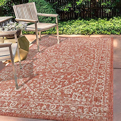 JONATHAN Y SMB104A-8 Malta Bohemian Medallion Textured Weave Indoor Outdoor Area Rug, Coastal, Traditional, Easy Cleaning, Bedroom, Kitchen, Backyard, Patio, Non Shed, Red/Taupe, 240 cm X 300 cm