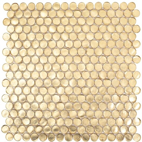 Apollo Tile 10-Pack 12.2 X 12.2 in. Gold Glossy Penny Round Glass Mosaic Wall and Floor Tile at 10.34 sq. ft. Per Case APLAPN9905EC04, Ideal Bathroom and Backsplash Tile for Home Improvement