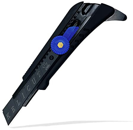 KELI - Cutter Molette crantée 18mm avec Réservoir + Aileron multifonction + 2 LAMES BLACK BLADE SK2 (Durée de vie 3 fois supérieure)