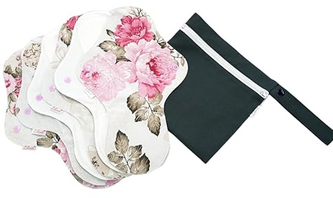 Lilind 6-pack 30 cm övernattning/tunga organiska tygdynor, startset, återanvändbara vattentäta menstruella sanitära servetter, 100 % bomull, rosenpioner