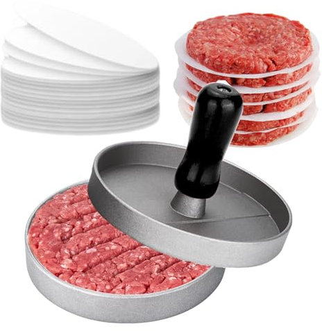 LAKEDO Burger-Pressmaschine mit 【100 Wachsscheibenpapier】 – Antihaft-Aluminium-Hamburger-Patty-Maker – Burgerpresse Set für die Herstellung von Burger-Patty