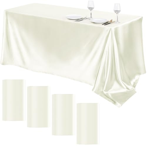 TURSTIN 4 Packs Satin Tablecloth 102 x 58 Inch Overlay Satin Table Cover Rectangle Bright Silk Tablecloth Smooth Fabric Table Decoration for Wedding Banquet Party Events, Ivory