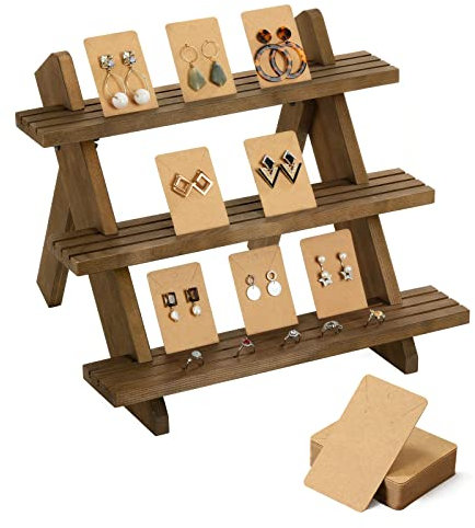 Emibele Espositore per Gioielli, Organizzatore per Orecchini in Legno, Supporto per Orecchini a 3 Strati con 50 Pz Cartoncini Espositivi per Collane e Orecchini, Porta Orecchini Vintage - Marrone